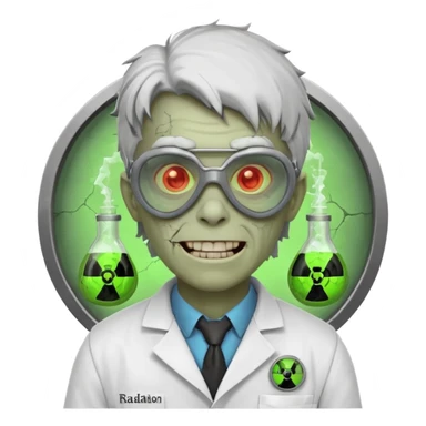 radioactive zombie scientist portrait, head and shoulders only, glowing toxic veins, cracked goggles, lab coat with radiation badge, sinister smile, 3D cartoon, mobile game icon style, clean background, no text, no watermark
 sticker