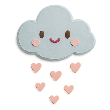 soft pastel small fluffy cloud raining tiny pink hearts, no arms, no legs, full body, soft pastel kawaii paper craft style sticker