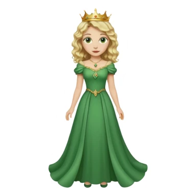 Queen, crown, blonde wavy hair, green eyes, long green narrpw dress, whole Body, sticker