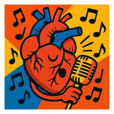 anatomical heart holding a vintage microphone, surrounded by music notes, dynamic style sticker