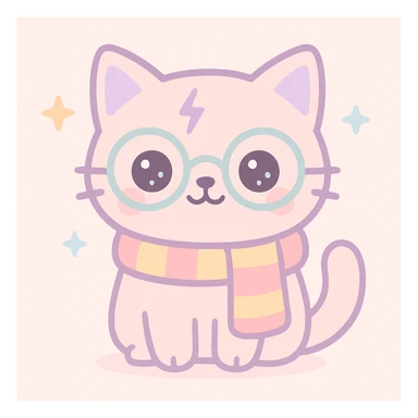 a cat dressed as Harry Potter with round glasses, a lightning bolt scar, and a Gryffindor scarf, cute illustrated style sticker