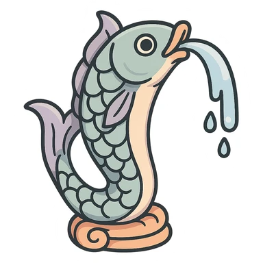 elongated vertical fountain in the form of an elegant fish with a water stream flowing from its mouth, eastern style, detailed drawing with shadows and highlights, thin clean contours, soft rounded shapes, pastel palette #98B5BC, #B5B3C1, #C9A3C9, #E4C0CA, #F7DCD1, #F7C0AA, modern Japanese pop art and sticker aesthetics, soft lighting, transparent background, no stand sticker