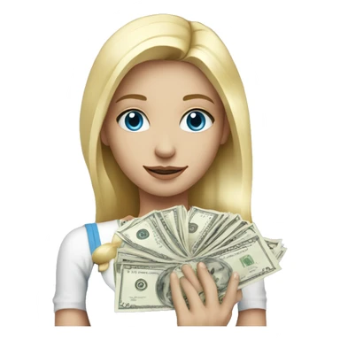 Blonde girl, white with blue eyes holding a lot of money sticker