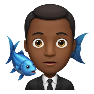A man dressed in a black suit. His face is that of a fish — therefore, he has NO human face!! The fish’s face is positioned vertically, meaning its mouth is facing upward. Ok? sticker