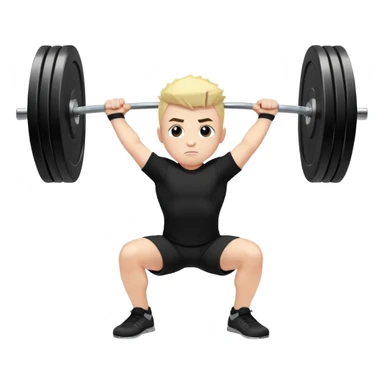 A boy with fair skin, black front spike and wearing a black shirt is doing an overhead squat with a lot of weight on the barbell sticker
