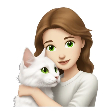 brown-haired girl with gray eyes hugs a white Turkish Angora cat with green eyes sticker