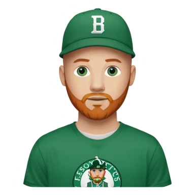 Bald white man with ginger beard and blue eyes in Jason Tatum Boston Celtics jersey over tshirt with Boston Celtics basketball logo on cap sticker