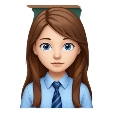 high school class room with a blackboard, with a pretty female high school student with long brown hair, blue eyes, wearing a tie sticker