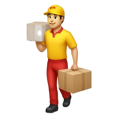 a delivery person with a yellow outfit with some red lines like the DHL logo. The delivery person carry somes carton boxes. sticker