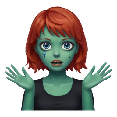 Zombie girl emoji with short red hair and bangs. Blue eyes, green skin, and a black top Her hair is slightly wavy and she has her hands outstretched in front of her.  sticker