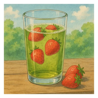 realistic glass of green tea with strawberries in ghibli style sticker