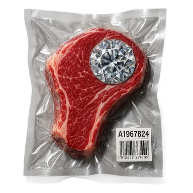 meat steak with sparkling diamond facets, glossy and puffy sticker