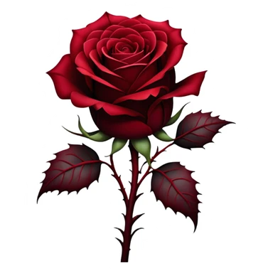 A single Gothic rose, its deep red petals unfolding in shades of scarlet and burgundy, stands alone against a dark, misty backdrop. A flowing black silk ribbon wraps around its thorny stem, adding an air of mystery and elegance. sticker