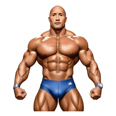 Dwayne 'The Rock' Johnson on stage at the Mr. Universe bodybuilding competition, covered in oil, flexing his powerful muscles. His physique shines under bright stage lights, showcasing his strength and dedication. The audience and judges are blurred in the background. Transparent background. sticker