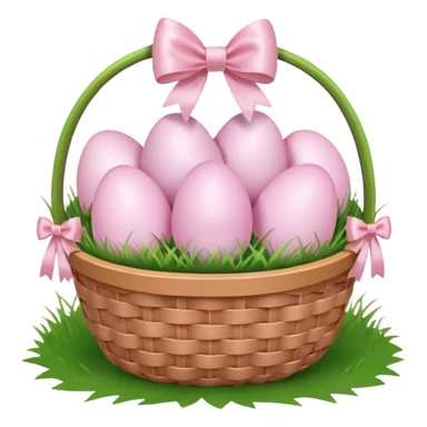 white basket full of light pink easter eggs on grass with a light pink bow sticker