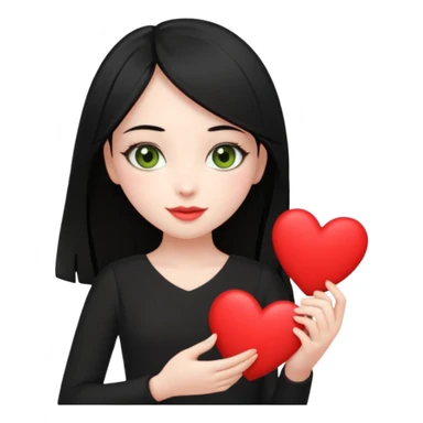 Pale girl with straight black hair and olive green eyes soft smile wearing black dress and holding a heart sticker