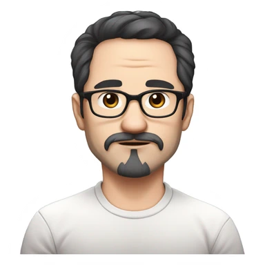 masterpiece, anime style, chibi, illustrated logo, medium short shot, emote for twitch of a 46 year old man, oval face, black hair, wrinkles on forehead, brown eyes, white skin, inky shirt, short hair, glasses
 sticker