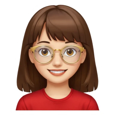 chica con piel blanca sonriendo, ojos marrones y pelo marrón largo con flequillo y lentes dorados con remera roja. sticker