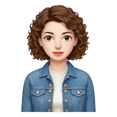 Anne Hathaway in short curly hair and white dress with denim jacket sticker