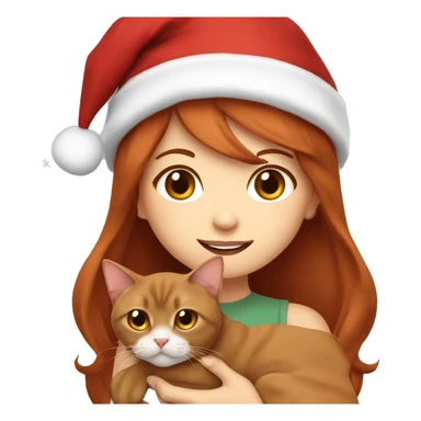 cherry red hair cute girl holding burmese brown cat in christmas cap sticker