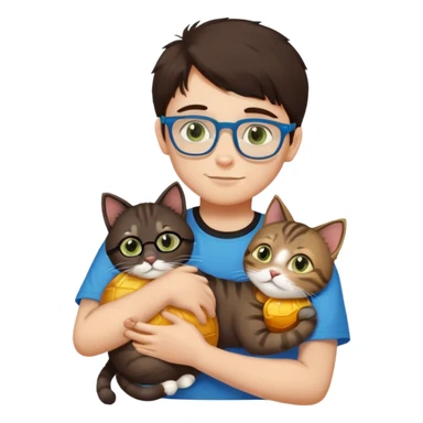 a boy with dark brown hair, slightly greenish eyes and blue glasses, wearing a black t-shirt, hugging a furry tabby cat with honey-colored eyes sticker