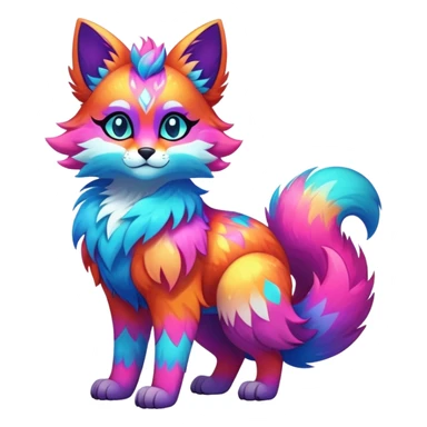 Vibrant multicolored neon-colored Falvie-Fionbri-creature-sparkle-feline-canine-hybrid-fursona, full body, fur pattern-markings sticker