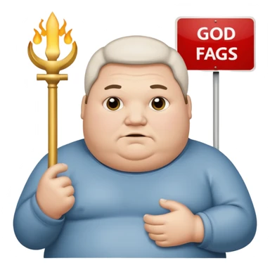 fat guy holding sign that says “god hate fags” sticker