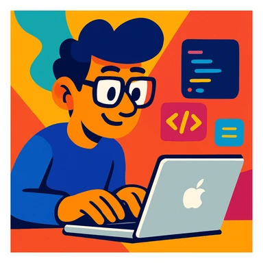 a person coding in front of a MacBook, cartoon style, exaggerated features, bright colors sticker