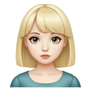 Pele pálida, rosto redondo, cabelo médio escuro, com duas mechas loiras, franja, olhos grandes, estilo fofo e coquette sticker