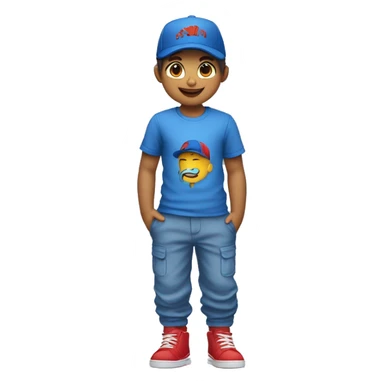 Hazme una imagen de un niño con gorra con el pelo azul y que tiene una camiseta de una x y un pantalón azul y zapatos rojos sticker