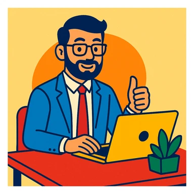 A 35-year-old male business coach sitting at a desk with a laptop sticker