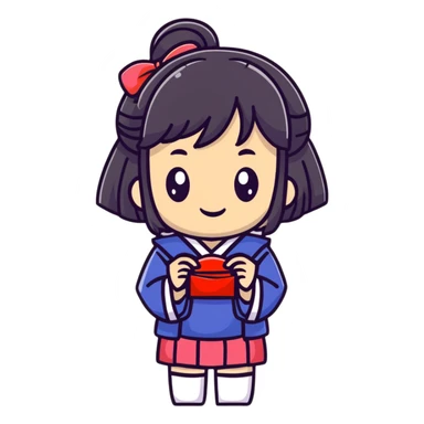 Cute Japanese high school girl buying omamori charm at shrine during school trip sticker