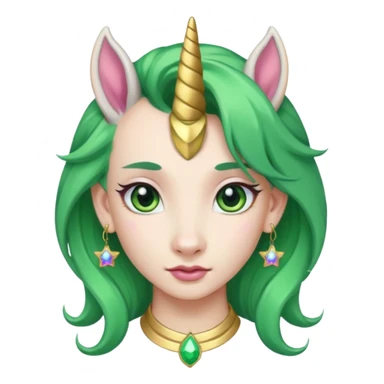 unicorn with green hair and big earrings looking into camera sticker