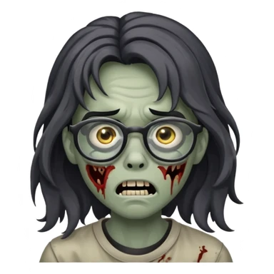 Faça um adolescente zombie com cara de assutado com cortes no rosto, com óculos é cabelos grandes ondulado preto sticker