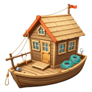 
cute fisherman house, small wooden seaside cabin, fishing nets, fishing boat sign, rope details, warm sunlight, coastal vibe, 3D cartoon, mobile game icon style, soft shadows, clean background, no text, no watermark
 sticker