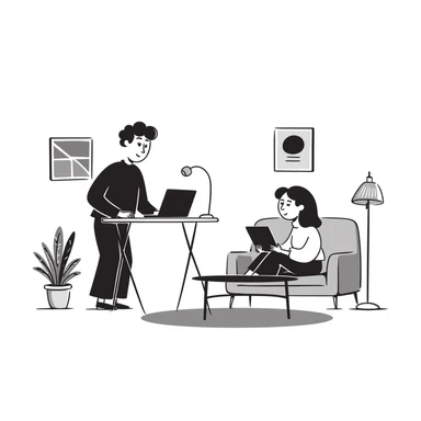 escenary 3d of a cozy mid-century living room with two people working on laptops, one man standing at a desk and one woman sitting on a couch, two walls and floor visible sticker