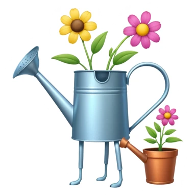 give me a watering can with legs. anthropomorphise the can. have the can watering 3 plants on the grown (flowers) sticker