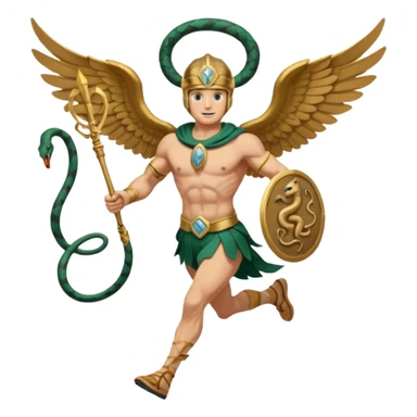 a guy (hermes) running with his caduceus (winged staff + two nakes) and a petasos on his head (winged helmet) sticker