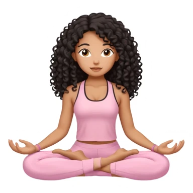 Mixed-race woman with bronzed caramel skin and long black curly hair, wearing pastel pink yoga set, sitting cross-legged in meditation, soft pastel background sticker