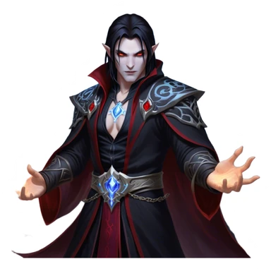 Cinematic Realistic WoW Vampire Mage Portrait, captured in a dynamic, battle-ready pose as he unleashes a torrent of arcane energy. His pallid skin and sleek dark hair contrast sharply with the flowing black robe adorned in silver filigree and glowing runes, while his crimson eyes radiate unyielding power. Rendered with intense, lifelike texture and dynamic, eerie lighting, high shine, embodying the fierce, relentless spirit of a dark sorcerer. sticker