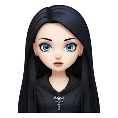 goth bratz baddie, beautiful blue eyes, long straight black hair, black gothic hair styled, black goth clothes sticker