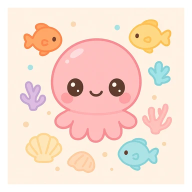 shells on sandy beach, top-down view, extremely cute underwater cartoon creature with a big round head, huge sparkling eyes, small smiling mouth, and pink shiny skin, rosy cheeks, soft pastel colors, plastic toy-like texture, chibi style, surrounded by colorful fish and coral, gentle lighting, 3D-rendered, high detail, kawaii aesthetic sticker