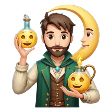 human forest alchemist character holding crescent moon like a glowing flask, mischievous idea face sticker