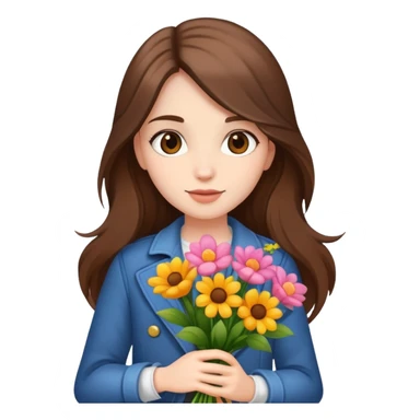 cool girl with long brown hair and fair skin holding a bouquet of flowers, trendy sticker