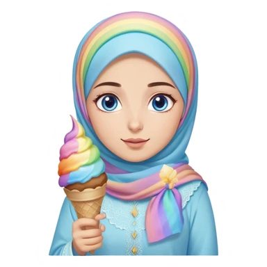 Turkish beautiful finish Konya girl blue eyes with ice cream pastel hijab islamic dress and had on her hand rainbow ice cream  sticker