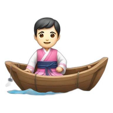 wooden raft with a man with traditional korean hanbok costume sticker
