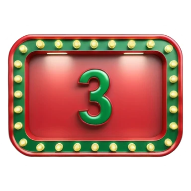 A 3D number 3 in a movie theater setting, shiny red surface; bright string lights on the number, the border is green with tiny string lights like stroke ; cinematic glow with subtle haze; glossy, premium Hollywood countdown look; centered composition. sticker