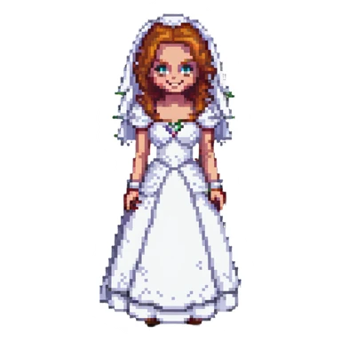 Chucky's bride in a wedding dress standing and smiling in pixel art style sticker
