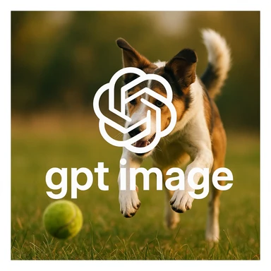  logo of chat gpt with text "gpt image" on the background of a dog chasing ball, realistic image sticker