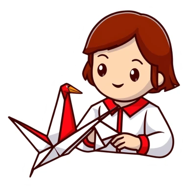 A happy Ukrainian young girl with brown hair in a white embroidered shirt makes an origami red crane craft sticker